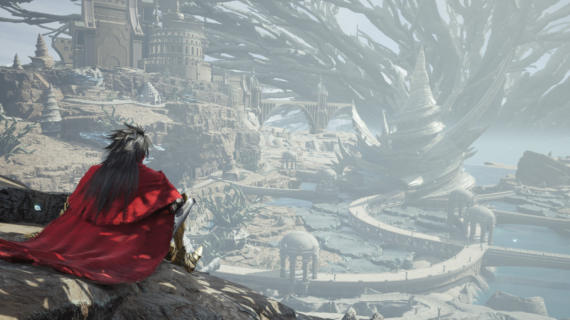 Final Fantasy 7 Rebirth in-game screenshot: Vincent Valentine looking at City of the Ancients in distance