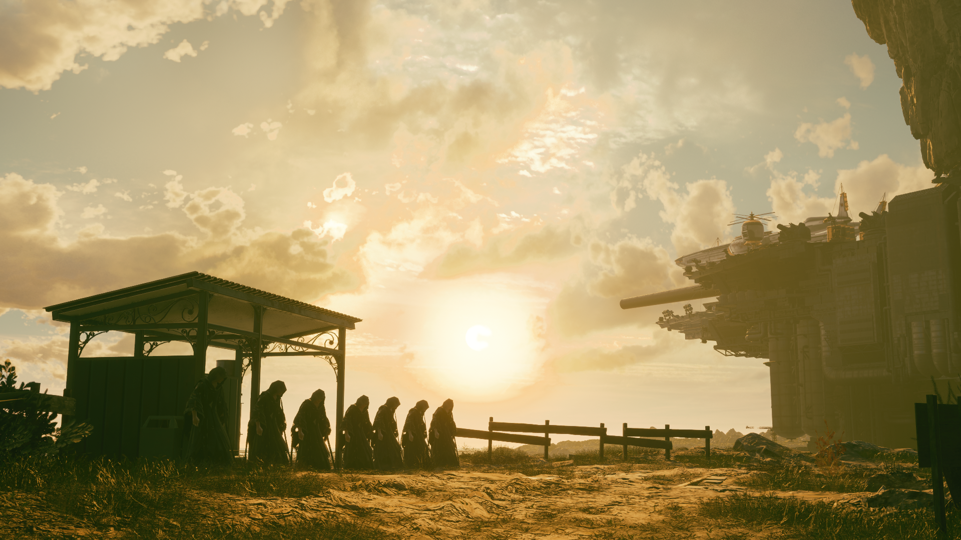 Final Fantasy 7 Rebirth in-game screenshot: Black-robed men lined up in front of sunset